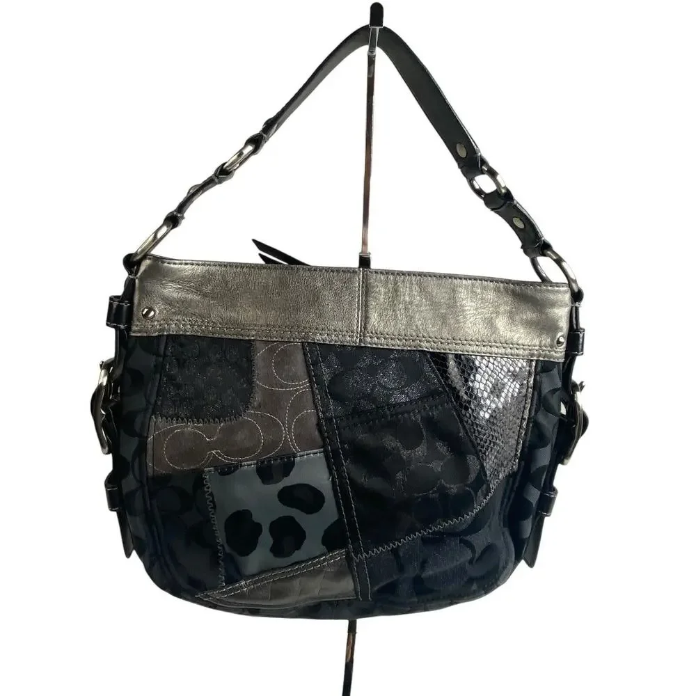 Coach Zoe Patchwork Silver Animal Print Black Gray Purse Suede Model f0873-12901 - Picture 2 of 16